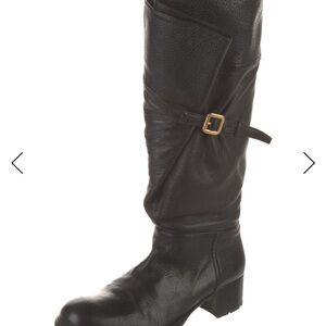 Prada Black Leather Knee-High Boots with Gold Buckle